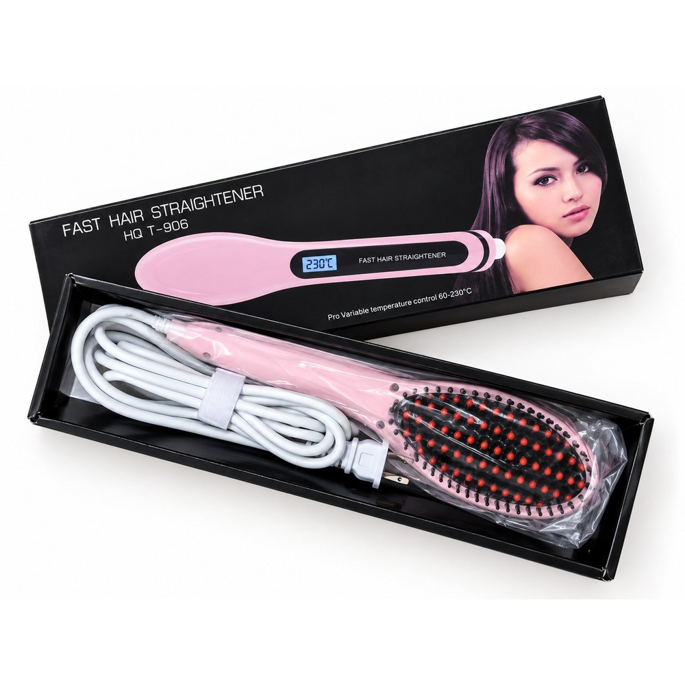 Fast Hair Straightener Brush HQ T-906 Pink Digital Heated Styling Brush